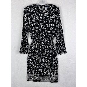 Bedford Fair Floral‎ Dress Long Sleeve Black White Rayon Elastic Waist Size 6